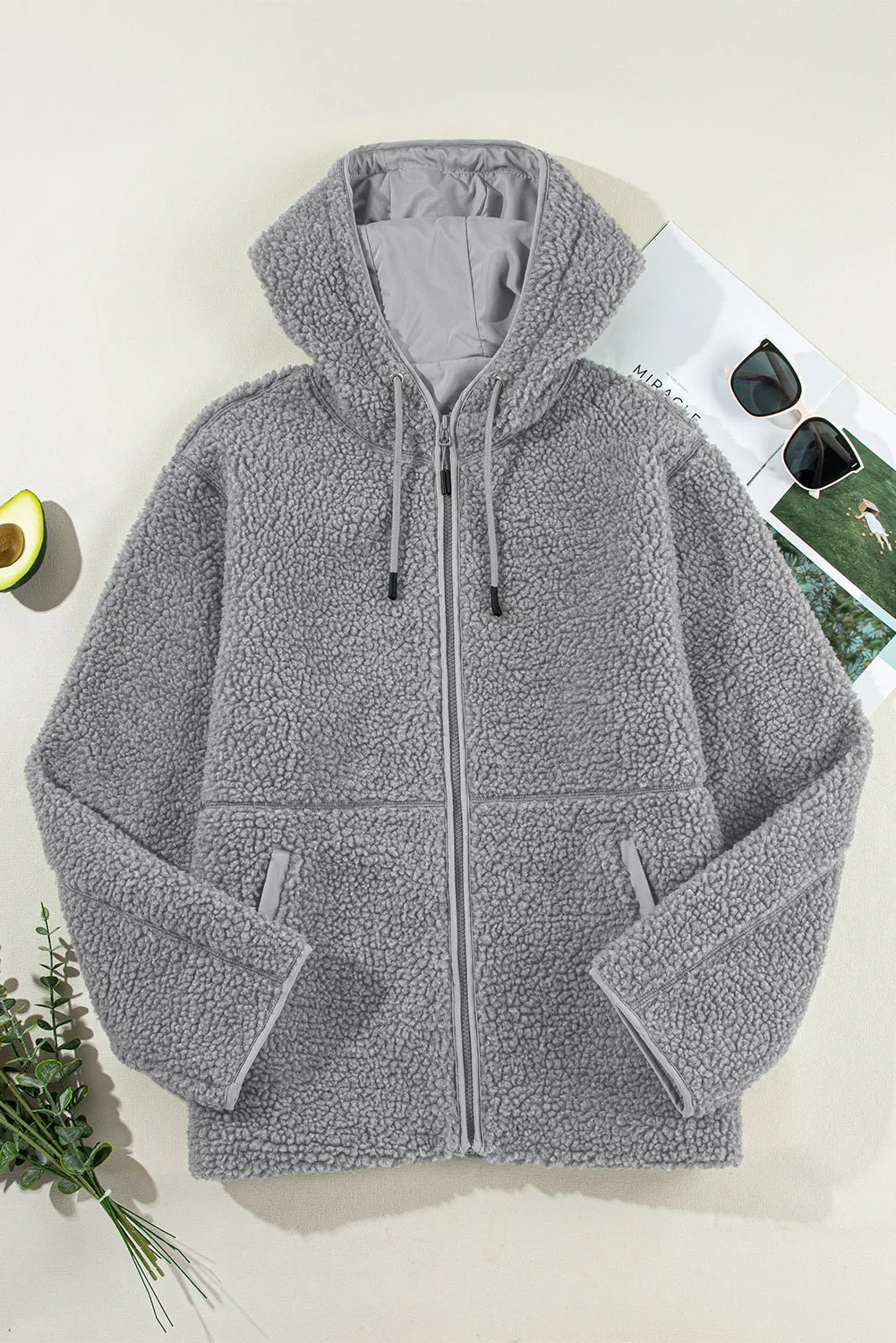 Womens Fleece Jackets Solid Zip Up Coats Long Sleeve Fuzzy Hooded Jacket with Pockets