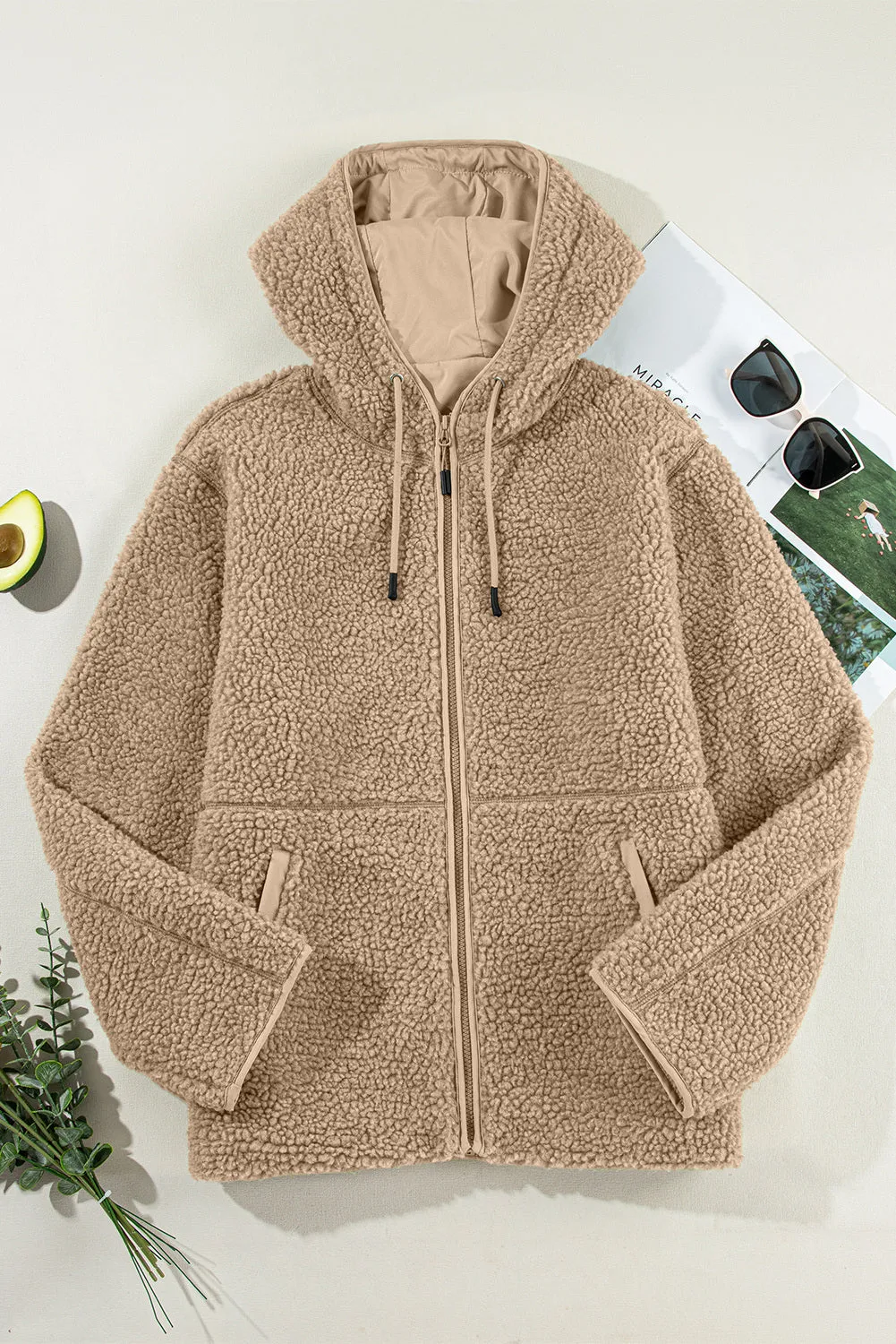 Womens Fleece Jackets Solid Zip Up Coats Long Sleeve Fuzzy Hooded Jacket with Pockets