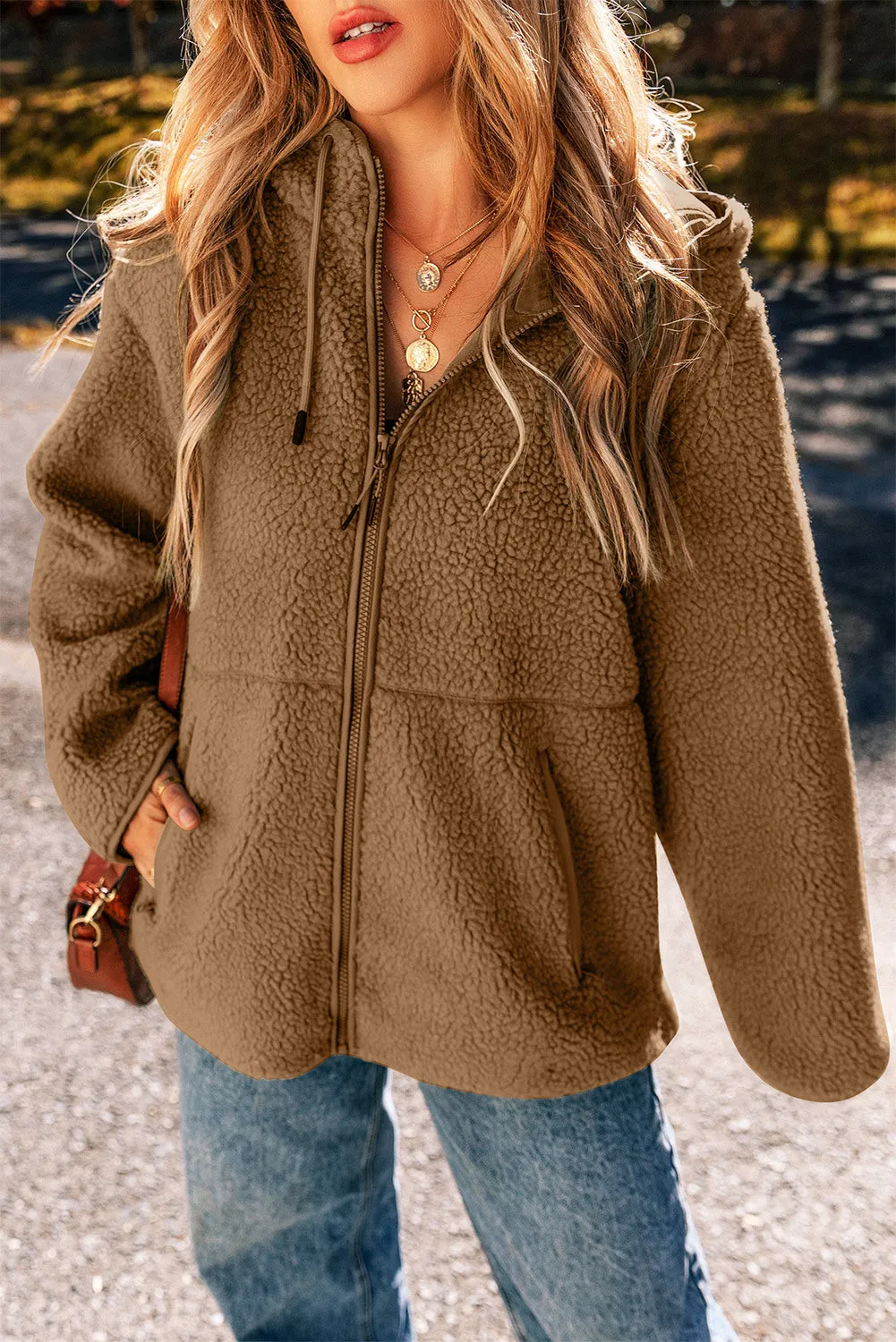 Womens Fleece Jackets Solid Zip Up Coats Long Sleeve Fuzzy Hooded Jacket with Pockets