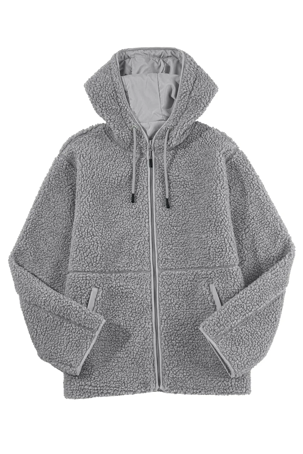 Womens Fleece Jackets Solid Zip Up Coats Long Sleeve Fuzzy Hooded Jacket with Pockets