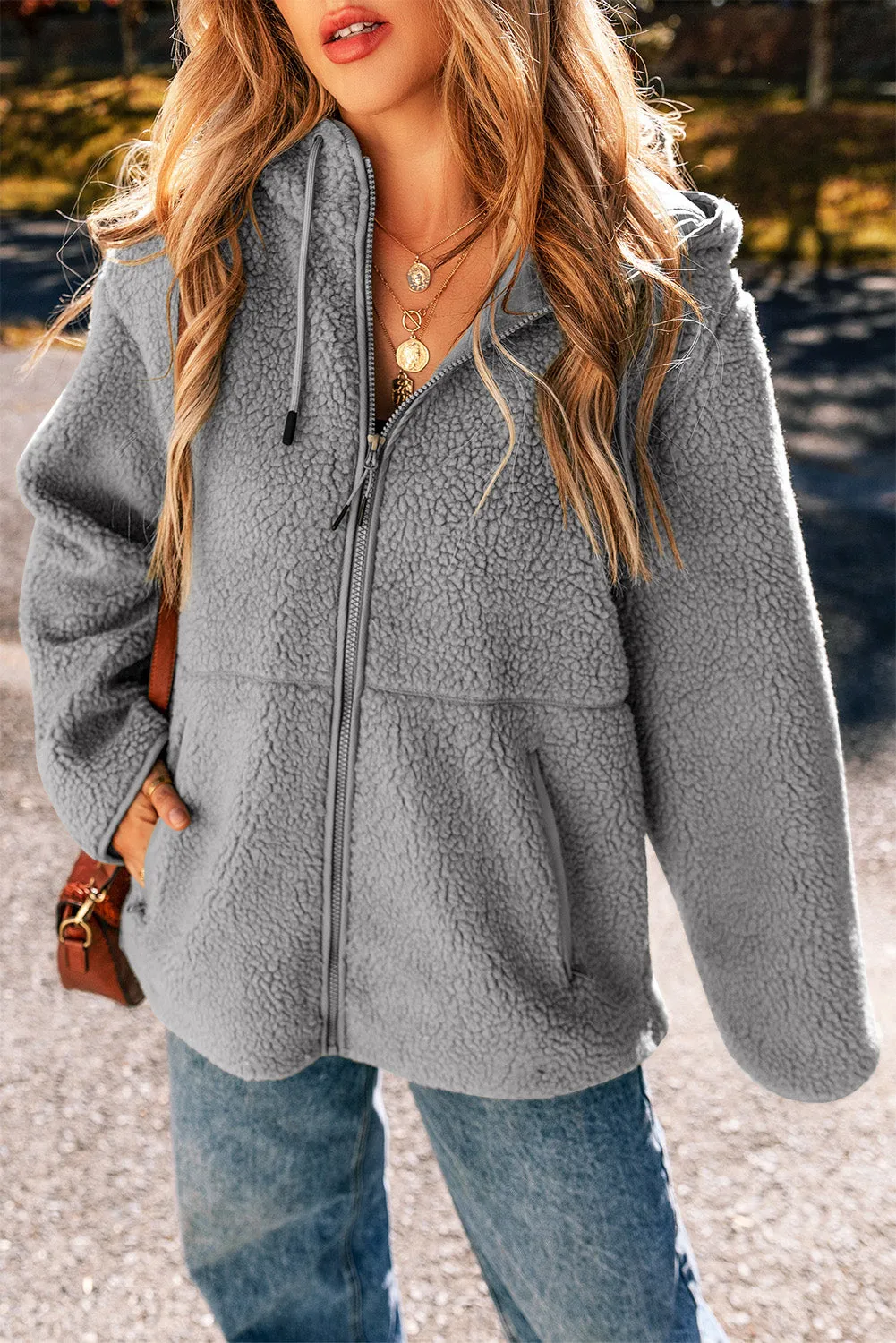 Womens Fleece Jackets Solid Zip Up Coats Long Sleeve Fuzzy Hooded Jacket with Pockets