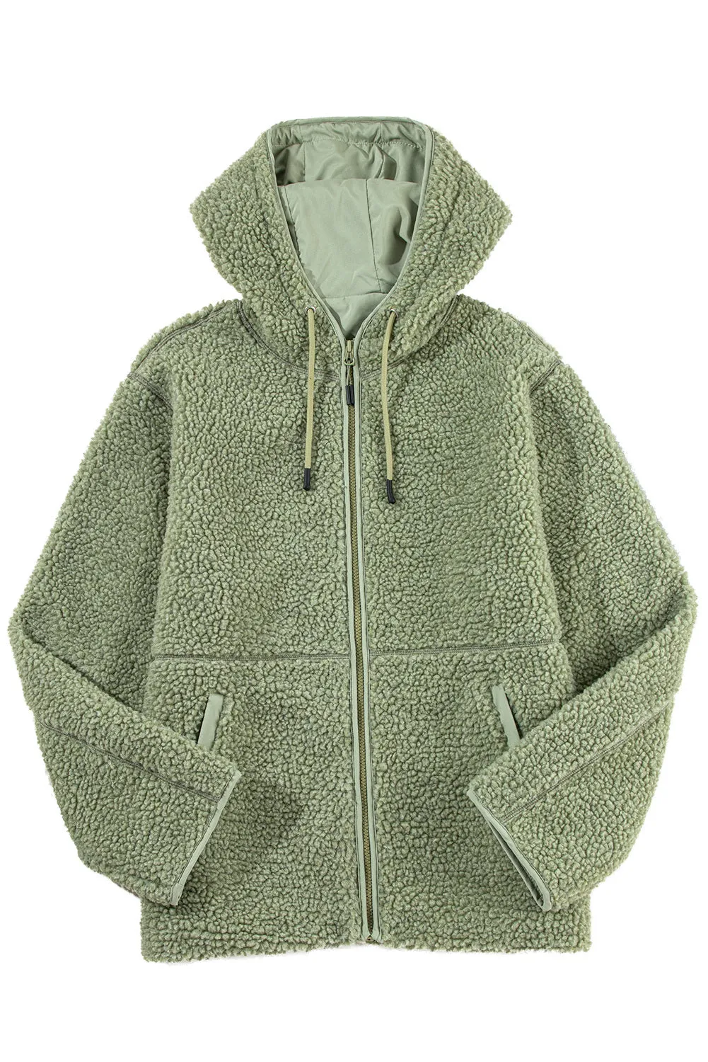 Womens Fleece Jackets Solid Zip Up Coats Long Sleeve Fuzzy Hooded Jacket with Pockets