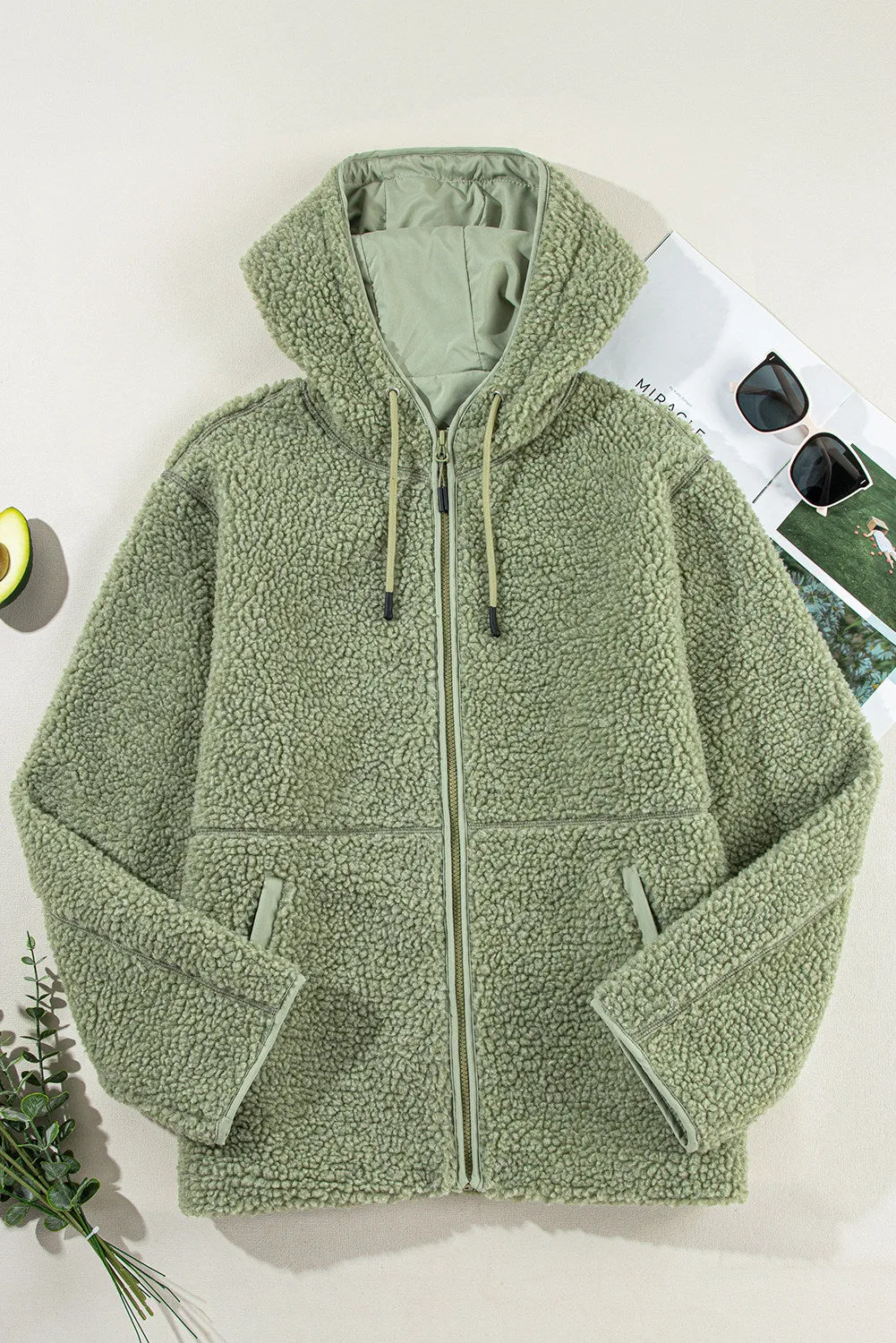 Womens Fleece Jackets Solid Zip Up Coats Long Sleeve Fuzzy Hooded Jacket with Pockets