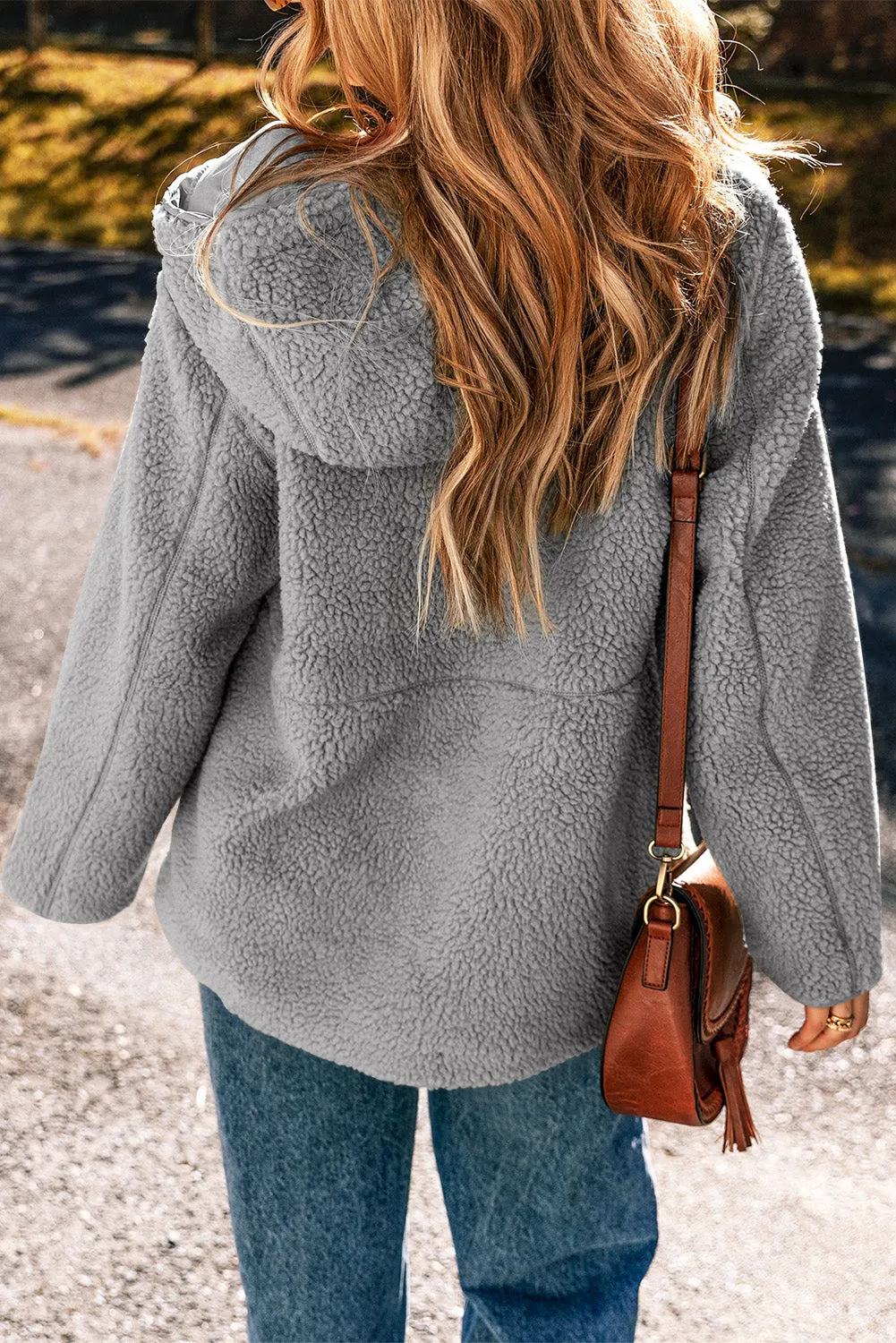 Womens Fleece Jackets Solid Zip Up Coats Long Sleeve Fuzzy Hooded Jacket with Pockets