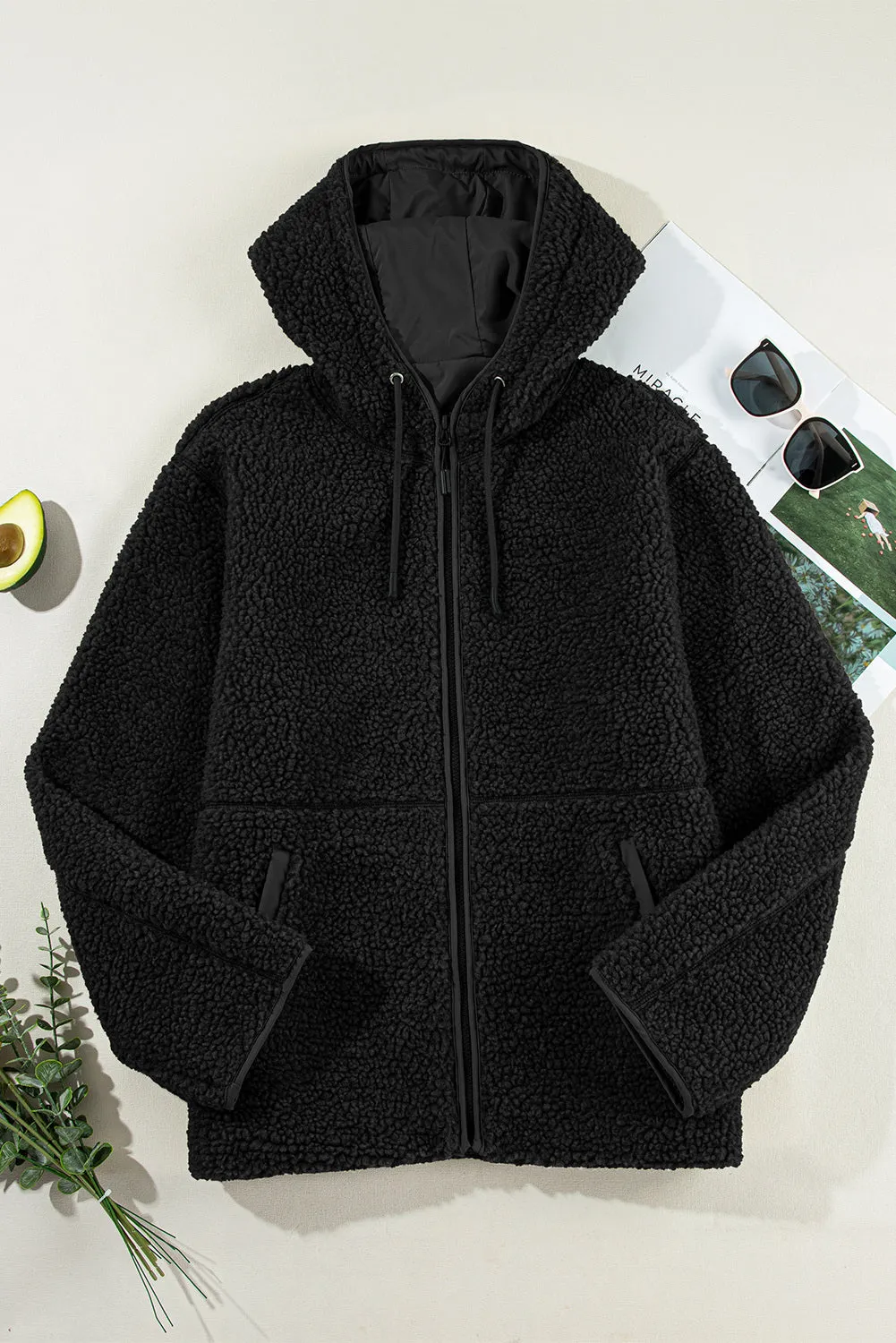 Womens Fleece Jackets Solid Zip Up Coats Long Sleeve Fuzzy Hooded Jacket with Pockets