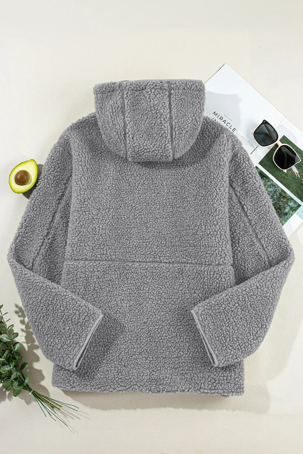 Womens Fleece Jackets Solid Zip Up Coats Long Sleeve Fuzzy Hooded Jacket with Pockets