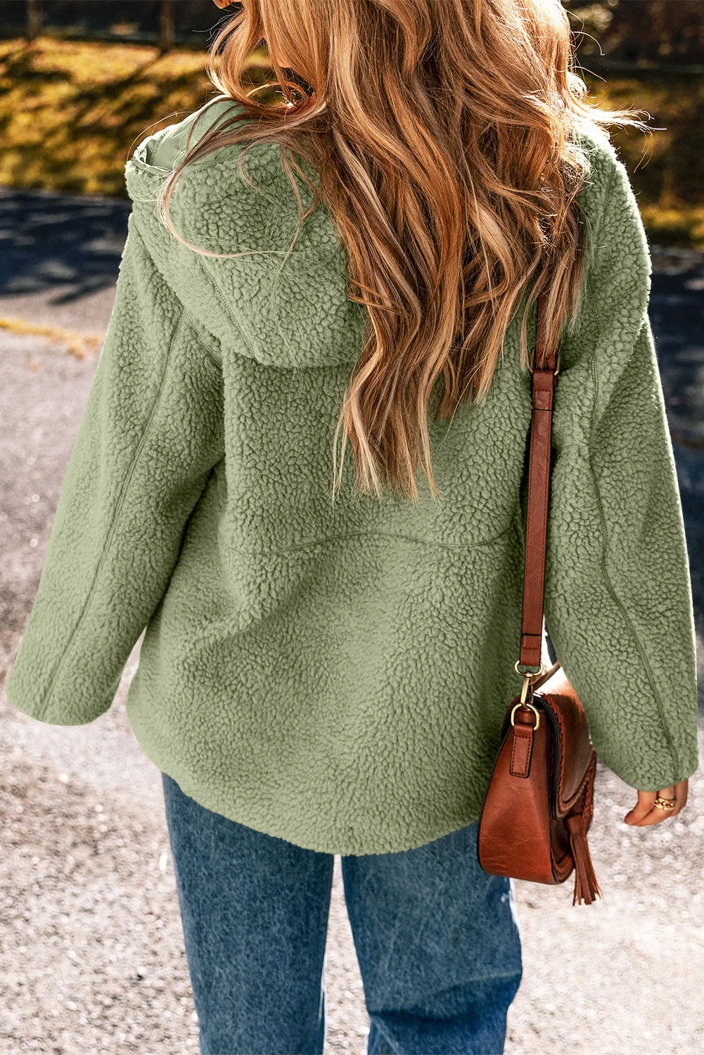 Womens Fleece Jackets Solid Zip Up Coats Long Sleeve Fuzzy Hooded Jacket with Pockets