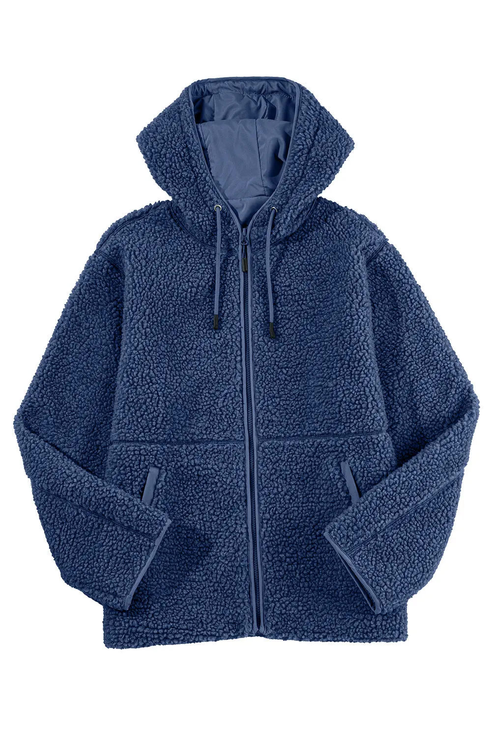 Womens Fleece Jackets Solid Zip Up Coats Long Sleeve Fuzzy Hooded Jacket with Pockets