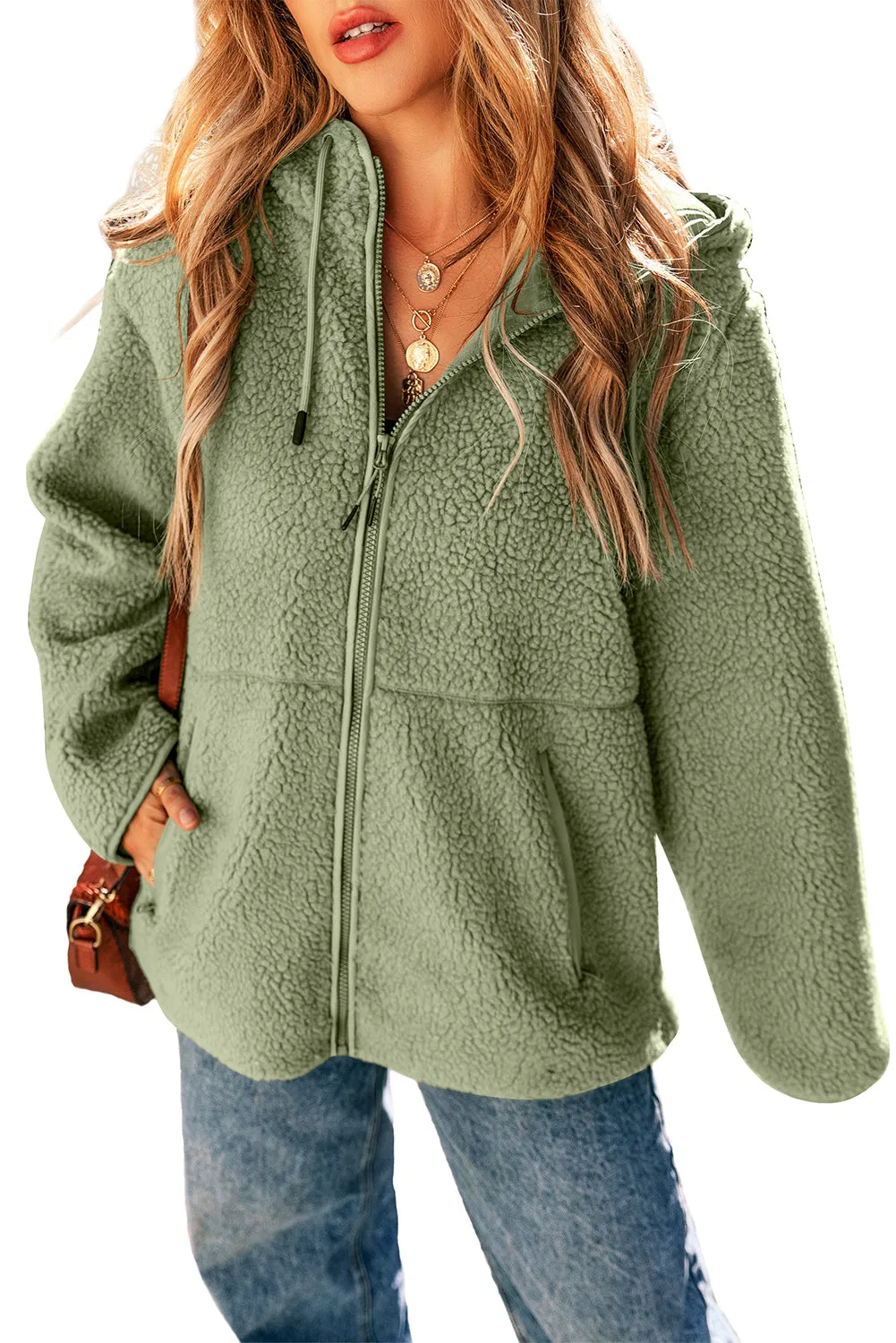 Womens Fleece Jackets Solid Zip Up Coats Long Sleeve Fuzzy Hooded Jacket with Pockets