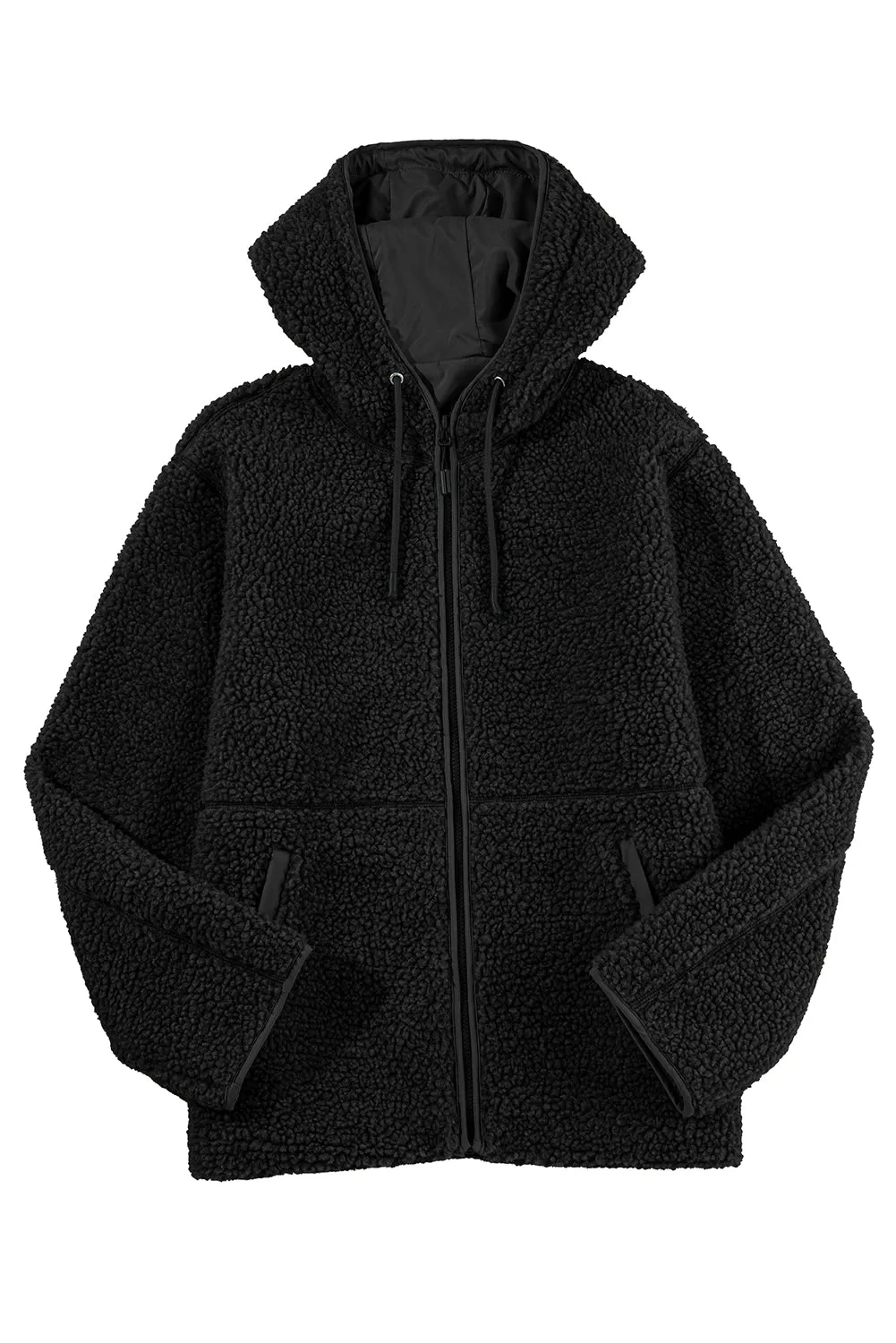 Womens Fleece Jackets Solid Zip Up Coats Long Sleeve Fuzzy Hooded Jacket with Pockets