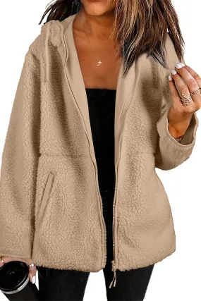 Womens Fleece Jackets Solid Zip Up Coats Long Sleeve Fuzzy Hooded Jacket with Pockets